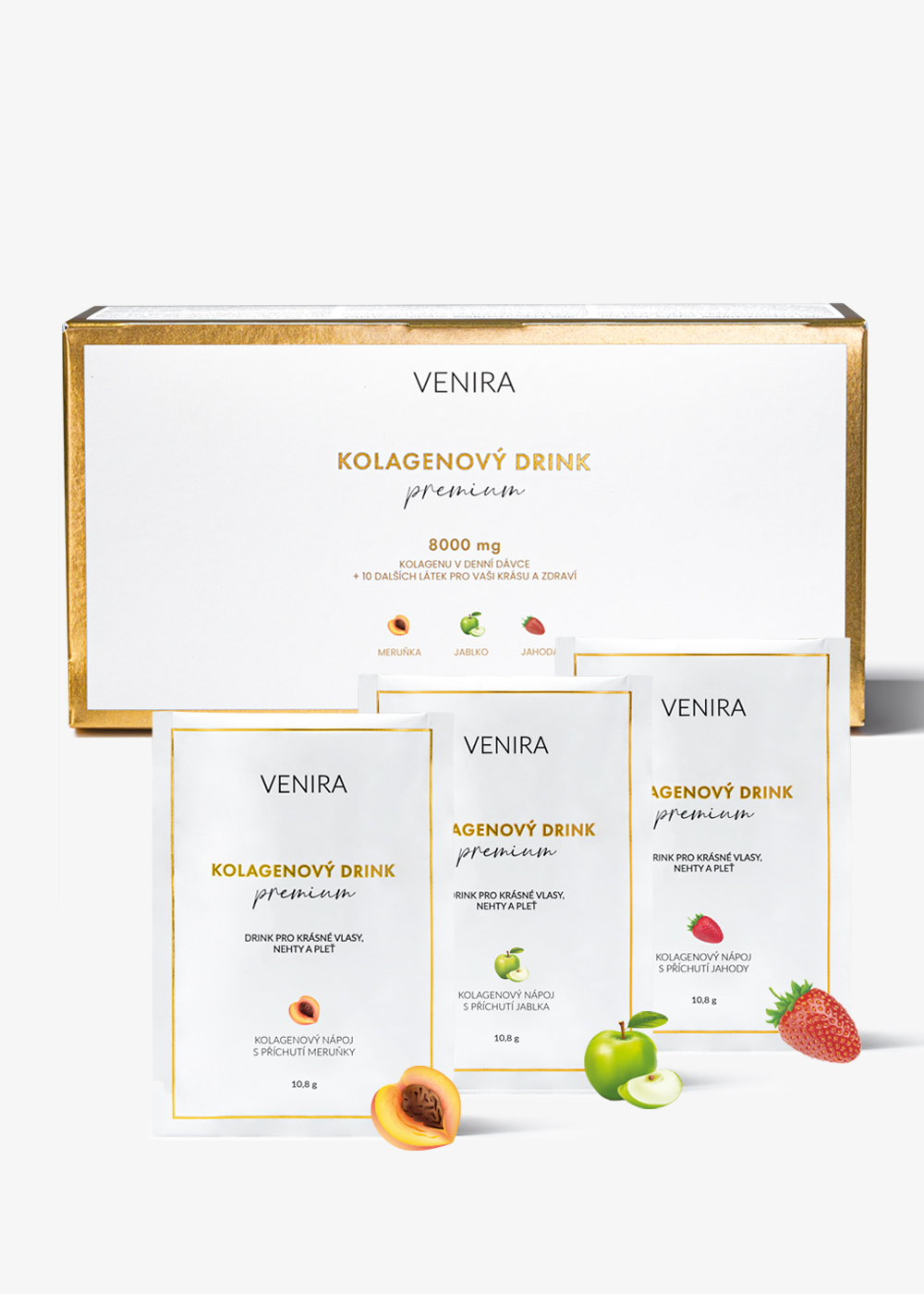 VENIRA PREMIUM kolagénový drink pre vlasy, nechty a pleť, 30 sáčkov mix 3 príchutí, bravčový kolagén, 30 sáčkov