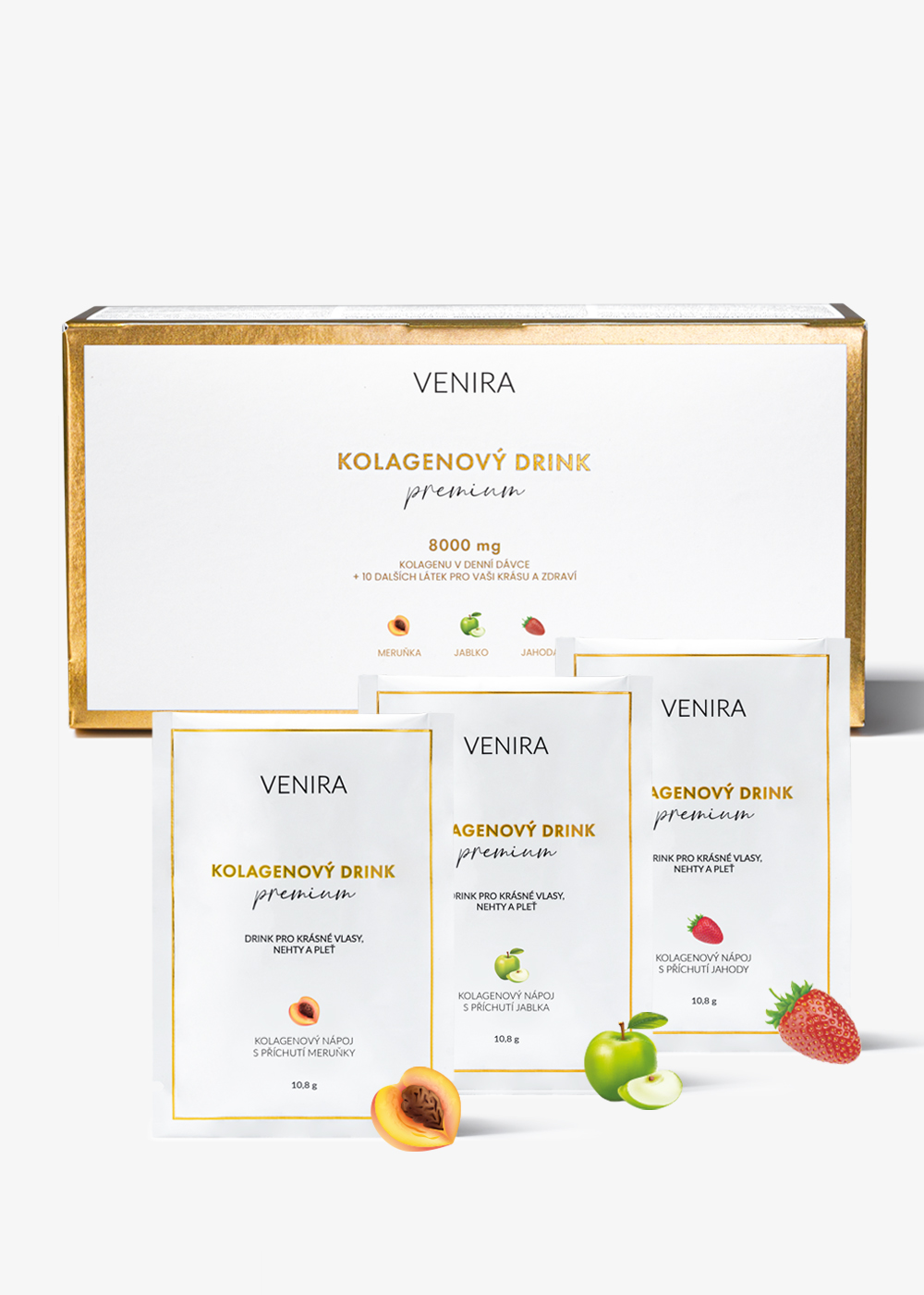 E-shop VENIRA PREMIUM kolagénový drink pre vlasy, nechty a pleť, 30 sáčkov mix 3 príchutí, bravčový kolagén, 30 sáčkov