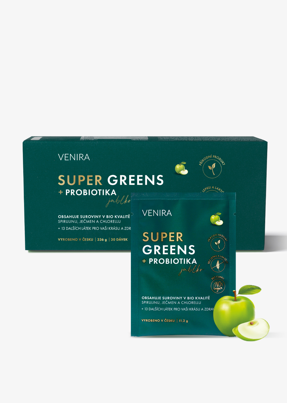 E-shop VENIRA super greens + probiotiká, jablko, 30 sáčkov jablko, 30 sáčkov, 336 g