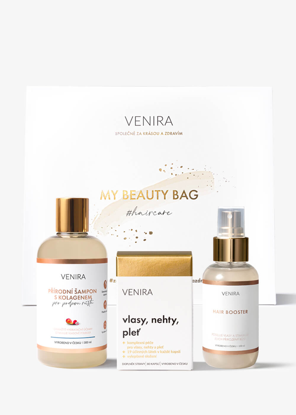 E-shop VENIRA beauty bag, darčeková sada pre podporu rastu vlasov -kapsule pre vlasy, šampón s kolagénom pre podporu rastu, hair booster kapsule pre vlasy, šampón s kolagénom pre podporu rastu, hair booster