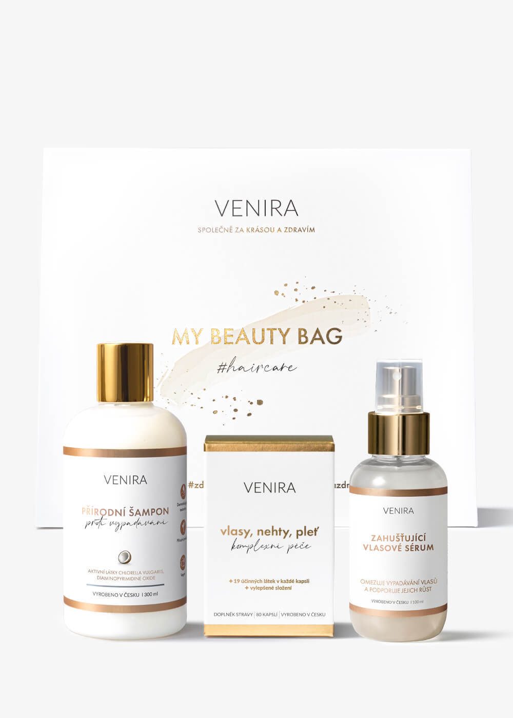 VENIRA beauty bag, darčeková sada proti vypadávaniu vlasov - kapsule pre vlasy, šampón proti vypadávaniu, zahusťujúce vlasové sérum kapsule pre vlasy, šampón proti vypadávaniu, zahusťujúce vlasové sérum