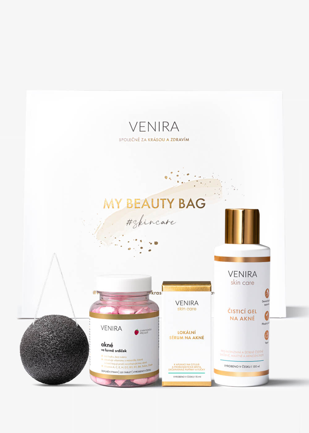 E-shop VENIRA beauty bag, darčeková sada proti akné - srdiečka na akné, čistiaci gél na akné, lokálne sérum na akné, konjaková hubka srdiečka na akné, čistiaci gél na akné, lokálne sérum na akné, konjaková hubka