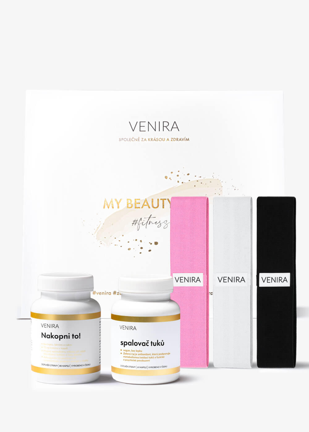 E-shop VENIRA beauty bag, darčeková sada - nakopni to!, spaľovač tukov, sada odporových gúm na cvičenie nakopni to!, spaľovač tukov, sada odporových gúm na cvičenie