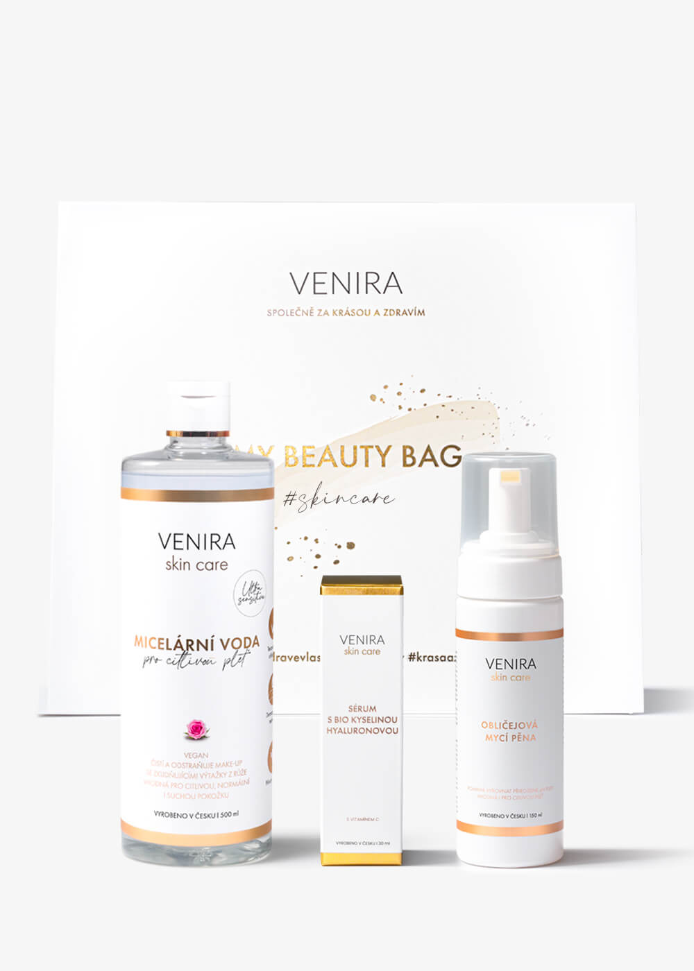 VENIRA beauty bag, darčeková sada pre čistenie a starostlivosť o pleť - pena na umývanie tváre, micelárna voda pre citlivú pleť, sérum s bio kyselinou hyalurónovou a vitamínom c pena