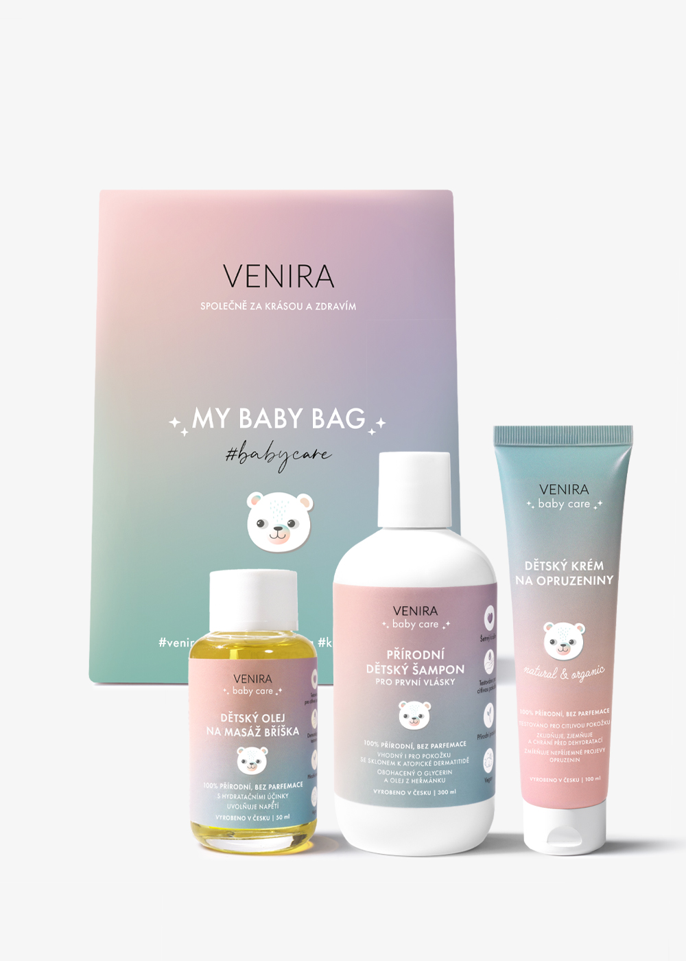 VENIRA beauty bag, darčeková sada - detský šampón na prvé vlásky, krém na zapareniny, olej na masáž detského bruška detský šampón na prvé vlásky, krém na zapareniny, olej na masáž detského