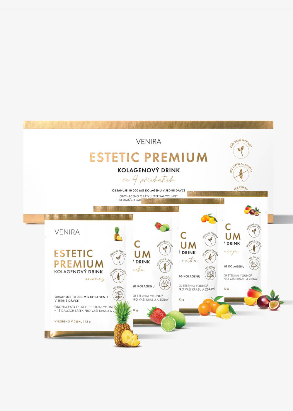 E-shop VENIRA ESTETIC PREMIUM kolagén pre vlasy, nechty a pleť, mix 4 príchutí, 40 sáčkov mix 4 príchutí, bravčový kolagén, 40 sáčkov