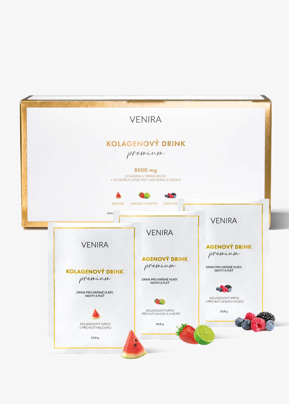 VENIRA PREMIUM kolagénový drink pre vlasy, nechty a pleť, mix 3 príchutí, bravčový kolagén, 30 vrecúšok mix 3 príchutí, bravčový kolagén, 30 vrecúšok