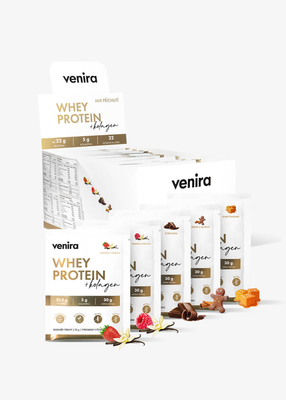VENIRA beauty whey proteín s kolagénom, mix 5 príchutí, 30 vrecúšok mix 5 príchutí, 30 vrecúšok, 900 g