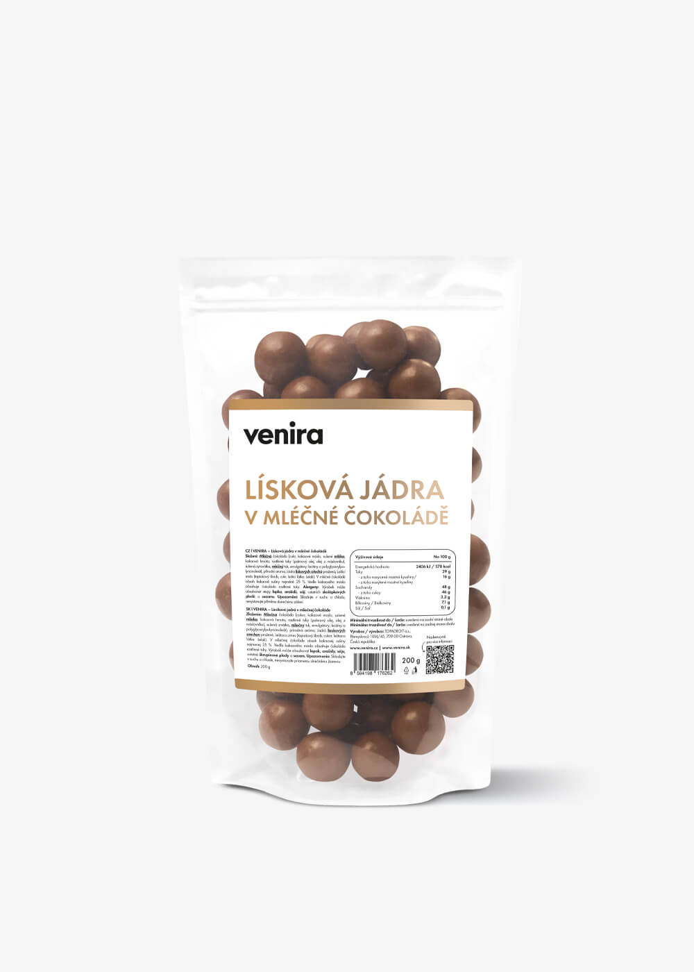VENIRA lieskové jadrá v mliečnej čokoláde, 200 g v mliečnej čokoláde, 200 g
