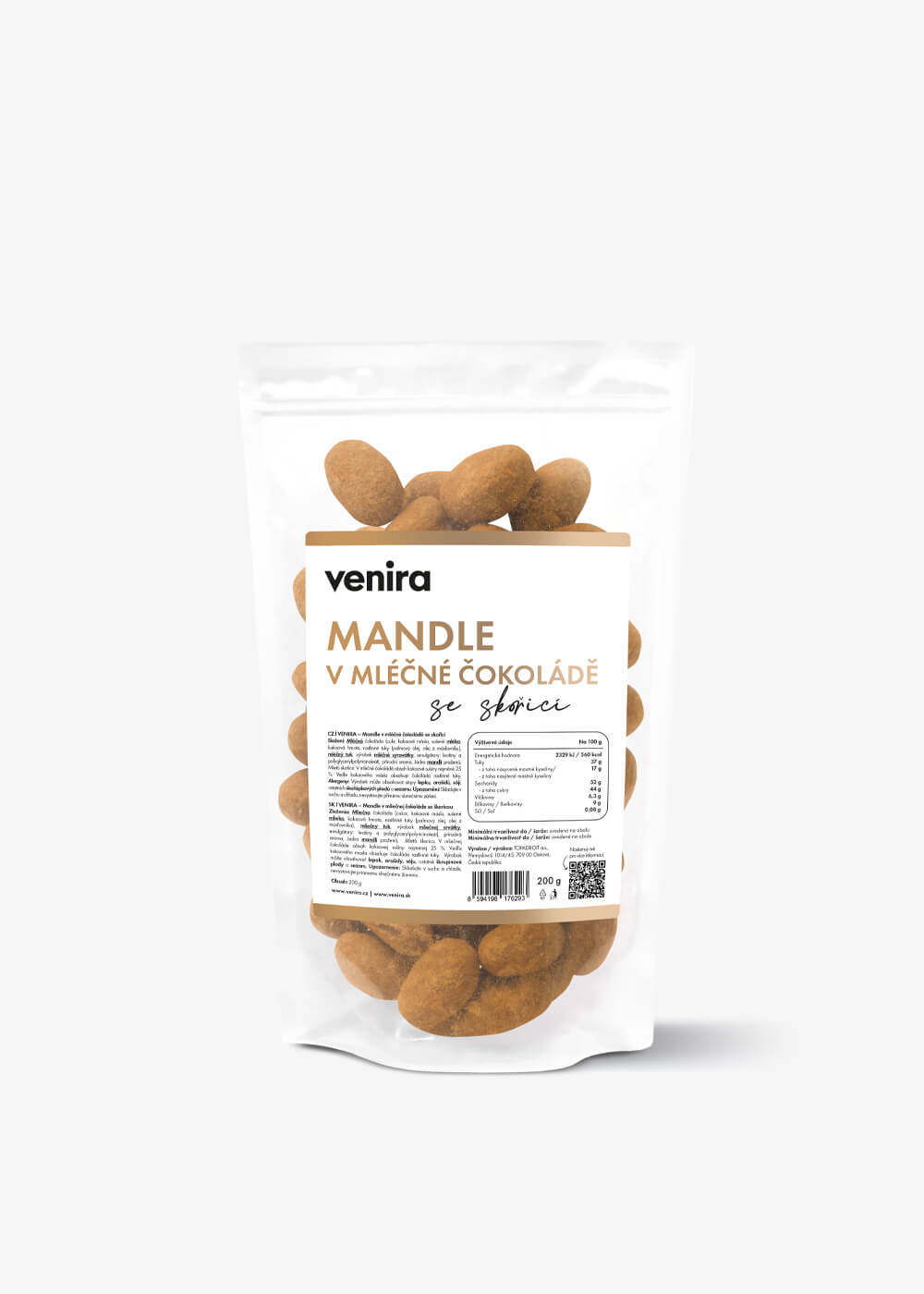 VENIRA mandle v mliečnej čokoláde so škoricou, 200 g v mliečnej čokoláde so škoricou, 200 g
