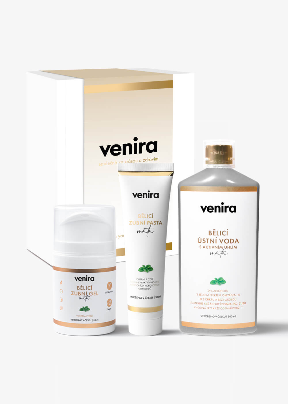 VENIRA darčeková sada - bieliaci zubný gél, bieliaca zubná pasta, bieliaca ústna voda s aktívnym uhlím bieliaci zubný gél, bieliaca zubná pasta, bieliaca ústna voda s aktívnym uhlím
