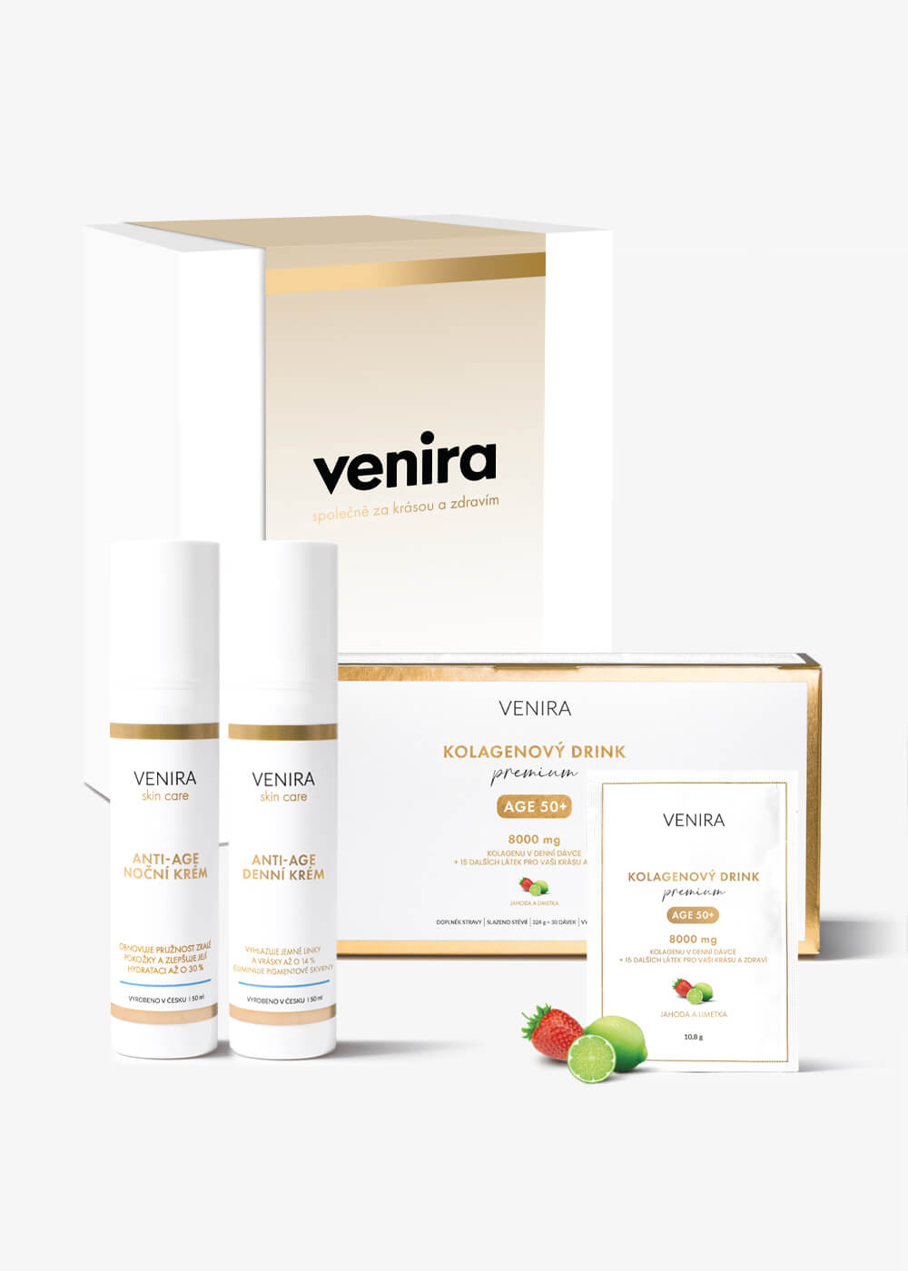 VENIRA darčeková sada - anti-age denný a nočný krém, PREMIUM kolagénový drink 50+ anti-age denný a nočný krém, PREMIUM kolagénový drink 50+