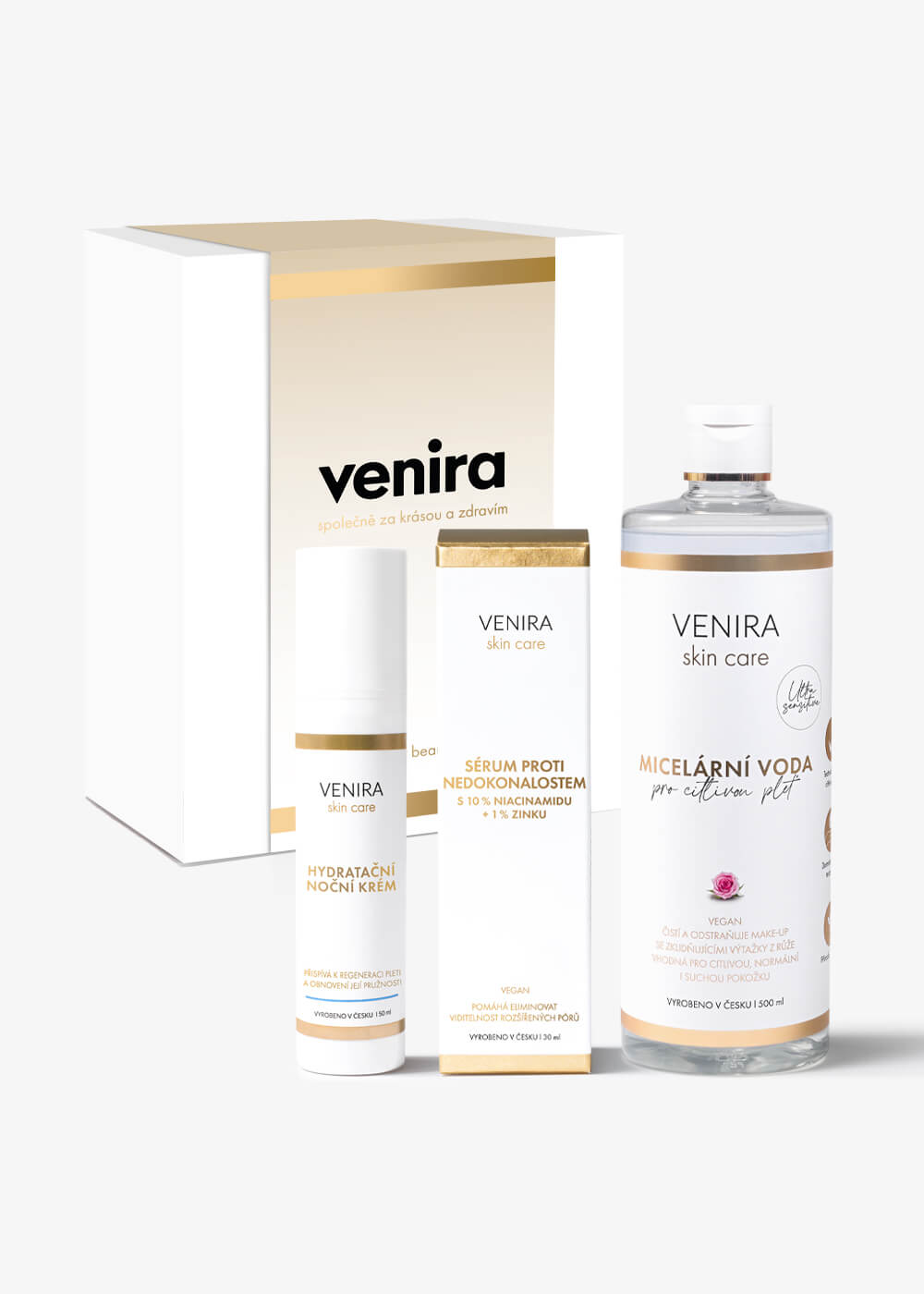 VENIRA darčeková sada nočnej starostlivosti - hydratačný nočný krém, sérum proti nedokonalostiam, micelárna voda hydratačný nočný krém, sérum proti nedokonalostiam, micelárna voda