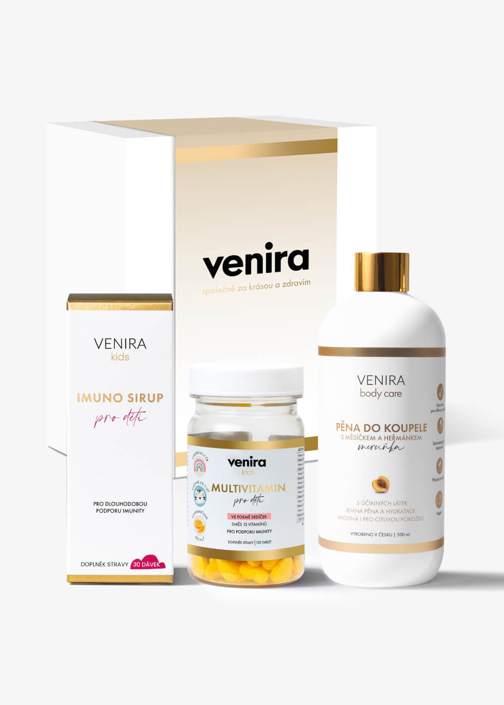 VENIRA darčeková sada pre deti - imuno sirup a multivitamín pre deti, pena do kúpeľa imuno sirup a multivitamín pre deti, pena do kúpeľa