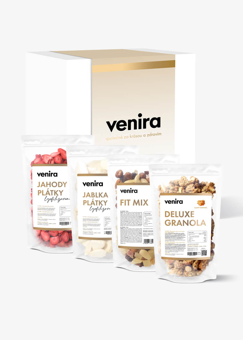 VENIRA darčeková sada - lyofilizované jahody a jablká, fit mix, deluxe granola lyofilizované jahody a jablká, fit mix, deluxe granola