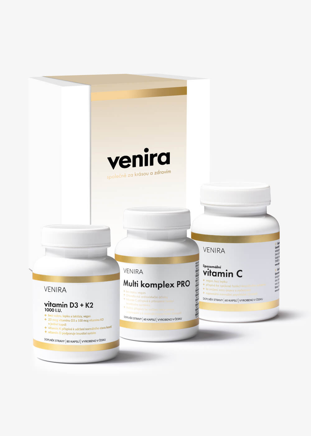 VENIRA darčeková sada vitamín & immuno booster - vitamín D3+K2, multi komplex PRO, lipozomálny vitamín C vitamín D3+K2, multi komplex PRO, lipozomálny vitamín C