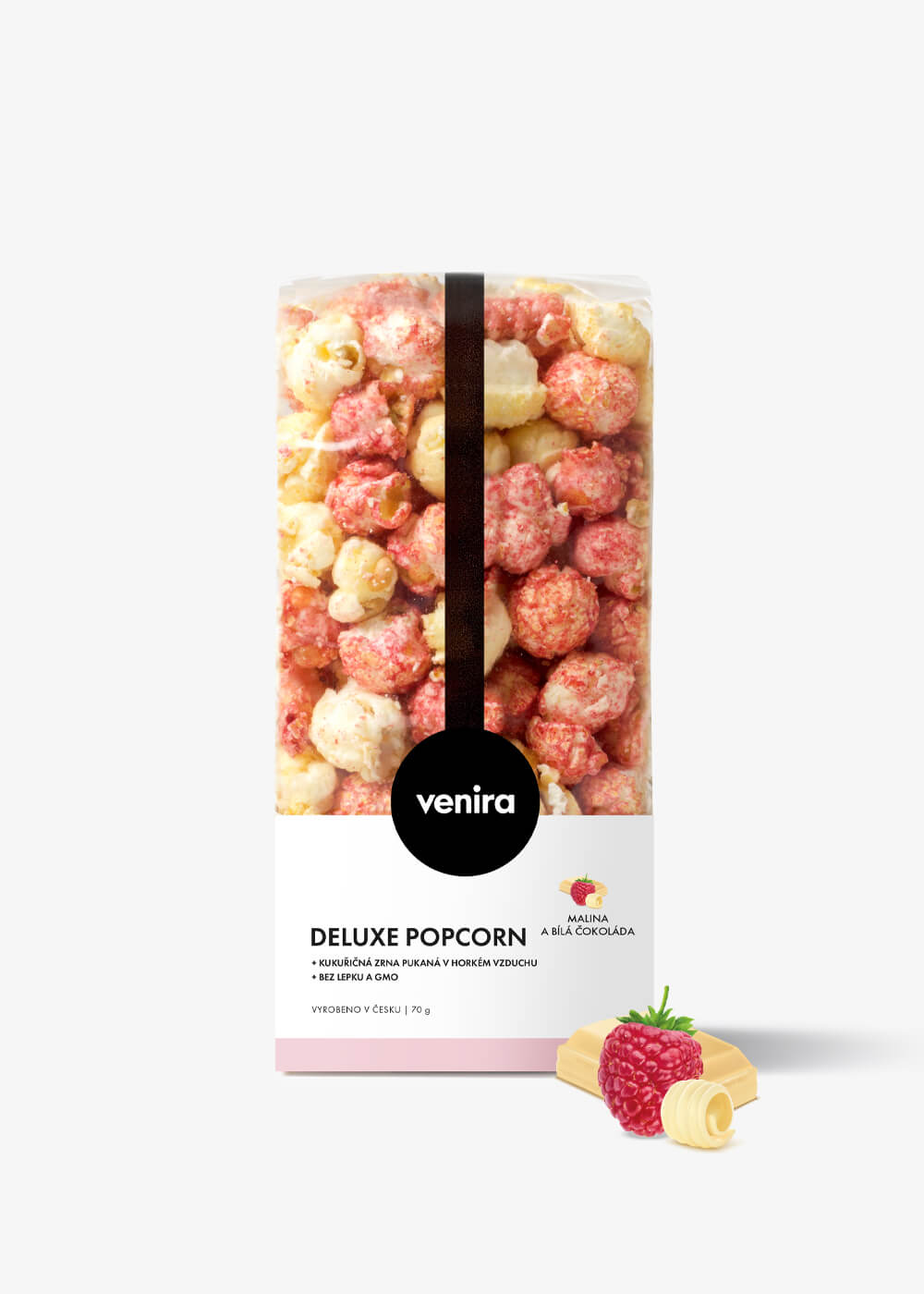 VENIRA deluxe popcorn, malina a biela čokoláda, 70 g malina a biela čokoláda, 70 g