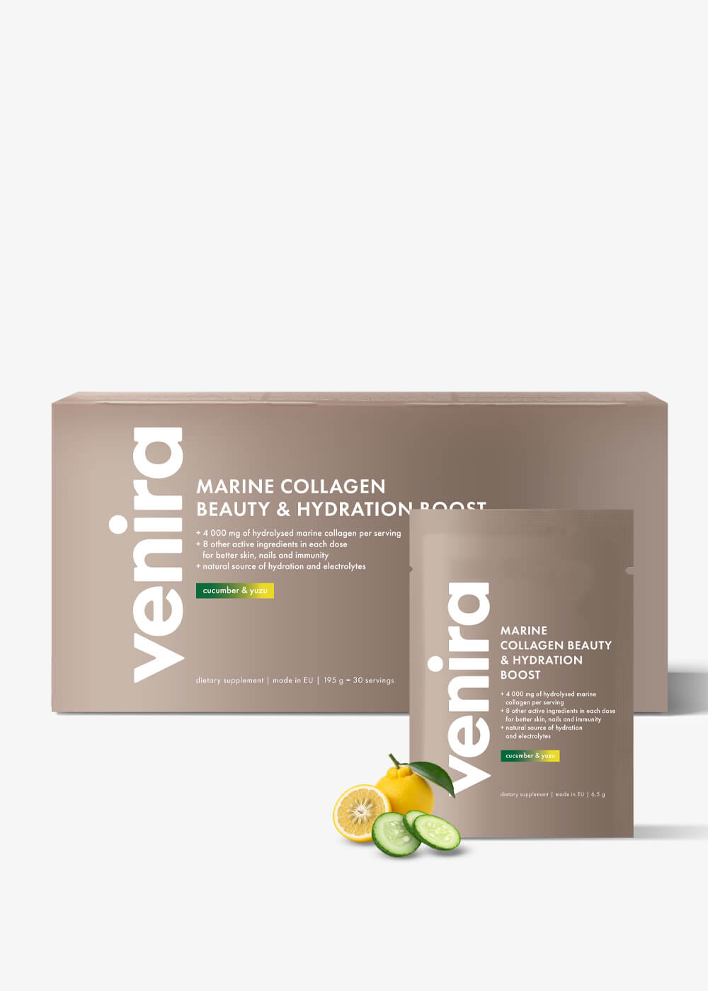 VENIRA marine collagen, beauty & hydration boost - uhorka a yuzu, morský kolagén, 30 vrecúšok, 195 g uhorka a yuzu, morský kolagén, 30 vrecúšok, 195 g