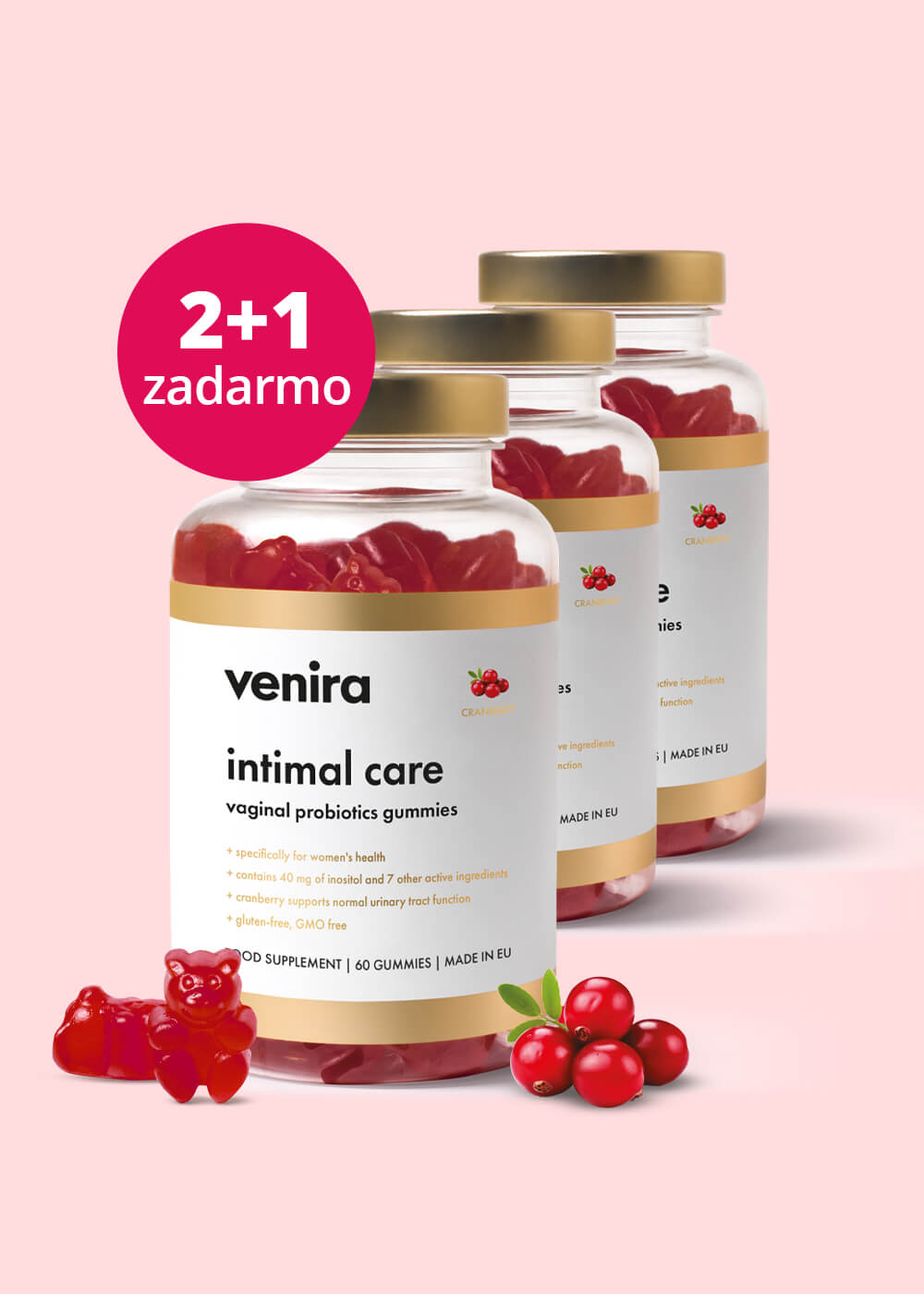 VENIRA intimal care – medvedíky pre vaginálnu starostlivosť, brusnica, balíček 2+1 zadarmo