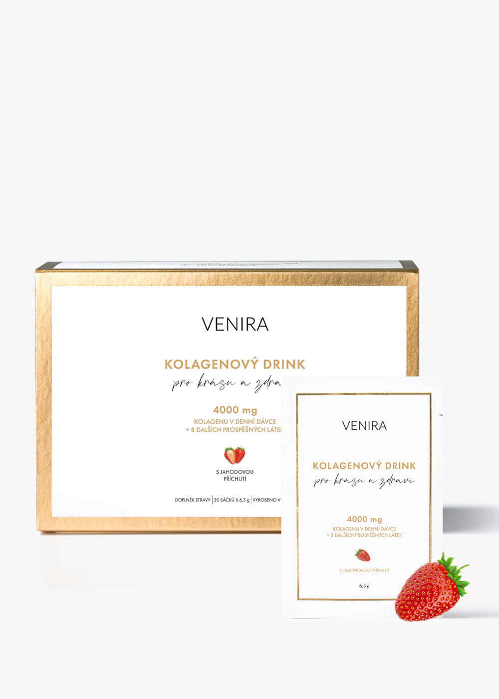 VENIRA kolagénový drink pre vlasy, nechty a pleť jahoda, 30 vrecúšok jahoda, bravčový kolagén, 30 vrecúšok, 189 g