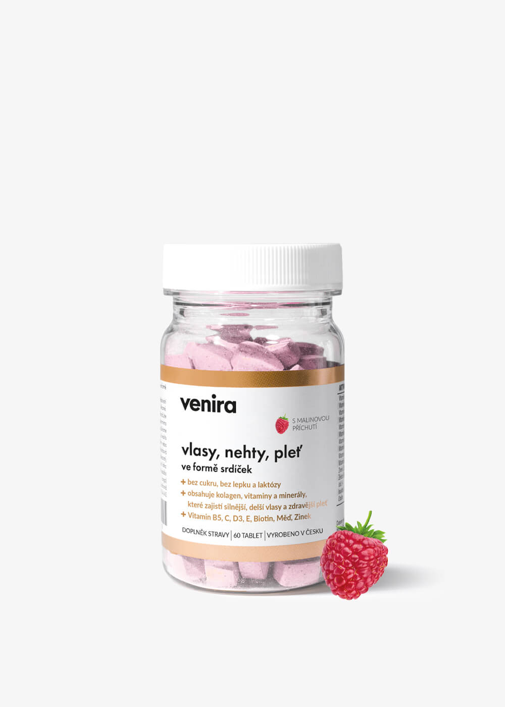 VENIRA srdiečka pre vlasy, nechty a pleť, až 60 denná kúra malina, 60 srdiečok
