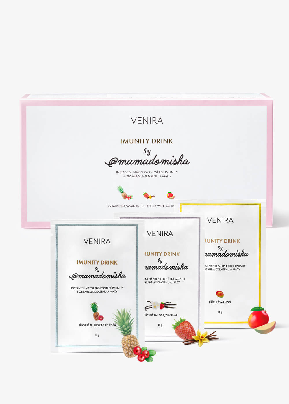 VENIRA Imunity drink by @mamadomisha, brusnica-ananás, jahoda-vanilka, mango, 30 vrecúšok mix 3 príchutí, 30 vrecúšok, 240 g