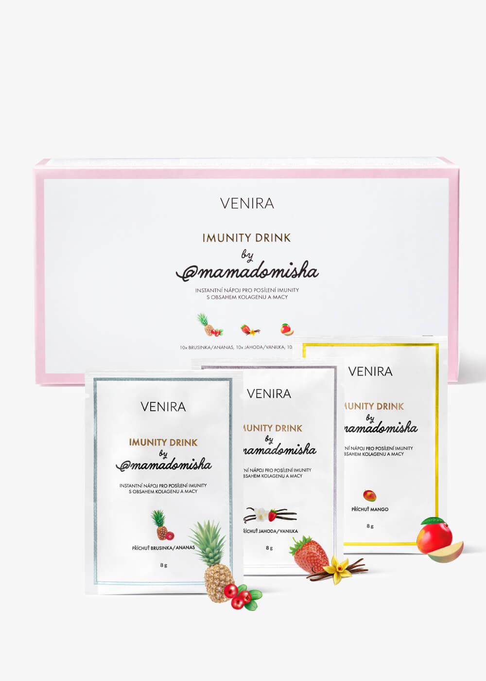 E-shop VENIRA Imunity drink by @mamadomisha, brusnica-ananás, jahoda-vanilka, mango, 30 sáčkov mix 3 príchutí, 30 sáčkov