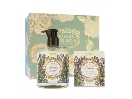 Panier Des Sens Relaxing Lavender dárková sada tekuté mýdlo 500 ml + vonná svíčka 180 g