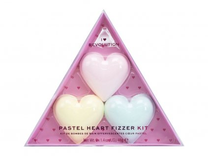 I Heart Revolution Heart Pastel Bath Fizzer Kit koupelová bomba ve tvaru srdce 40 g + koupelová bomba ve tvaru srdce 40 g Passion Fruit + koupelová bomba ve tvaru srdce 40 g Lemon