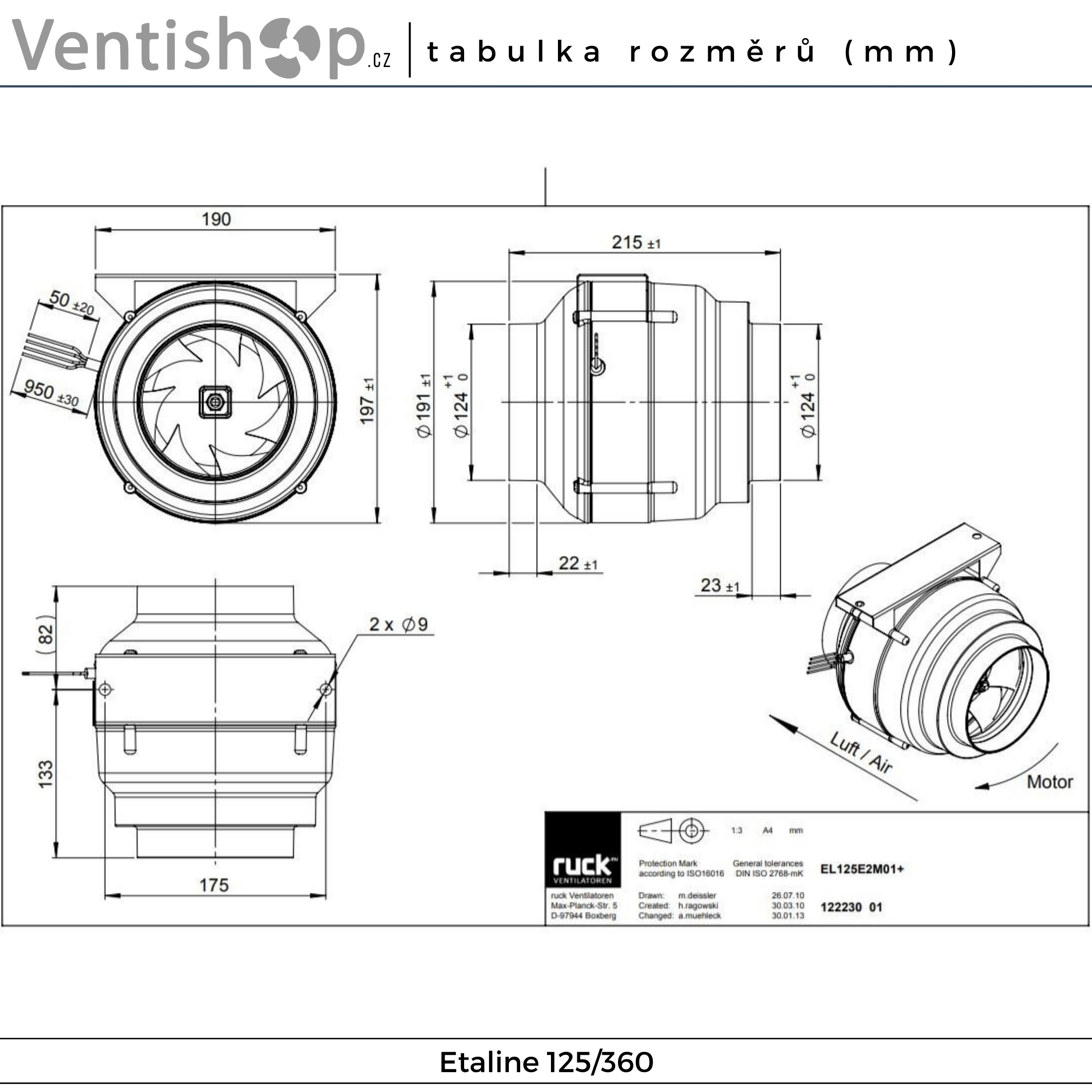 Rozměry potrubního ventilátoru Etaline