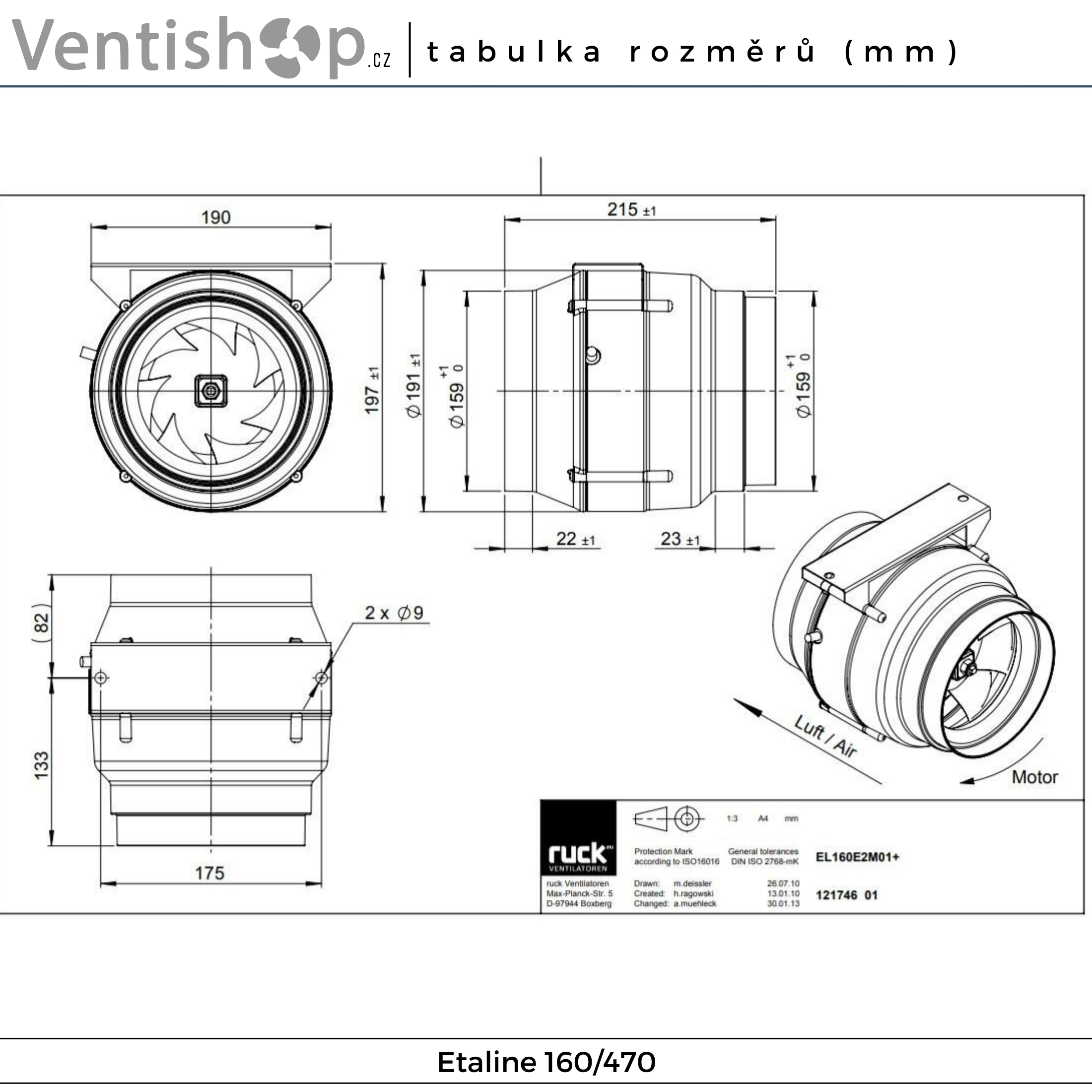 Rozměry potrubního ventilátoru Etaline