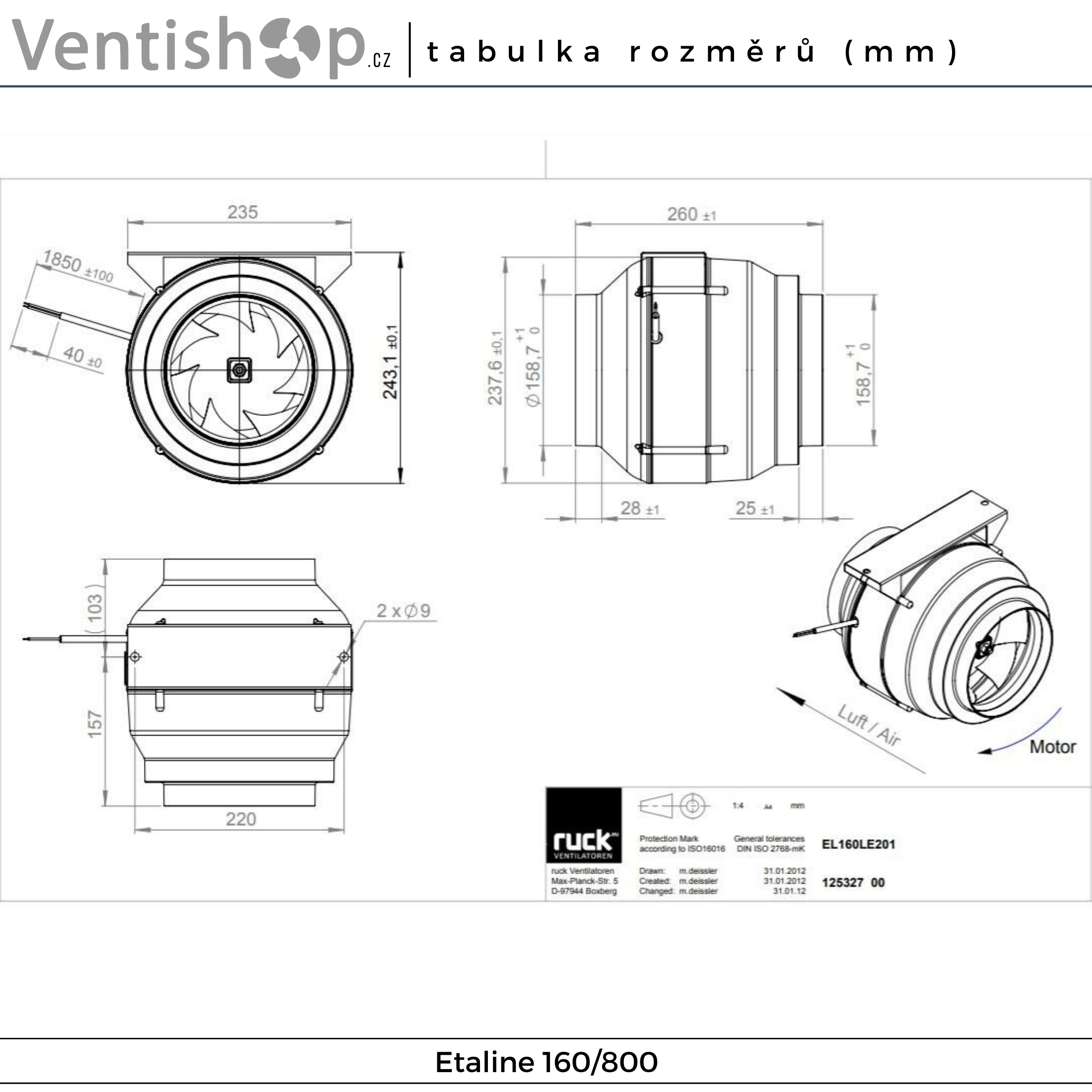 Rozměry potrubního ventilátoru Etaline