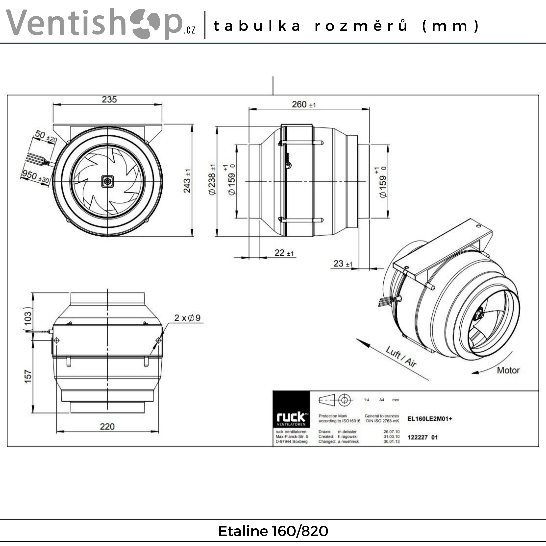 Rozměry potrubního ventilátoru Etaline