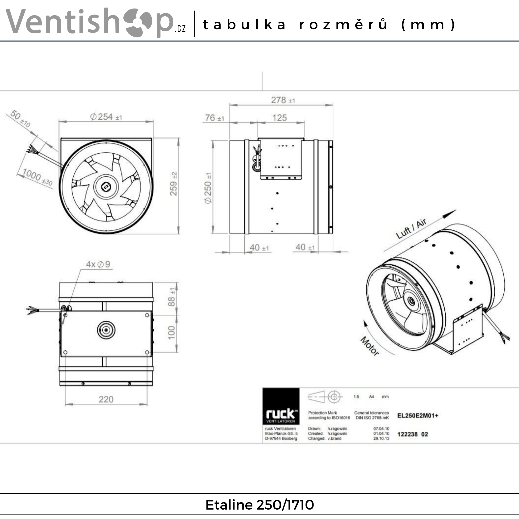Rozměry potrubního ventilátoru Etaline