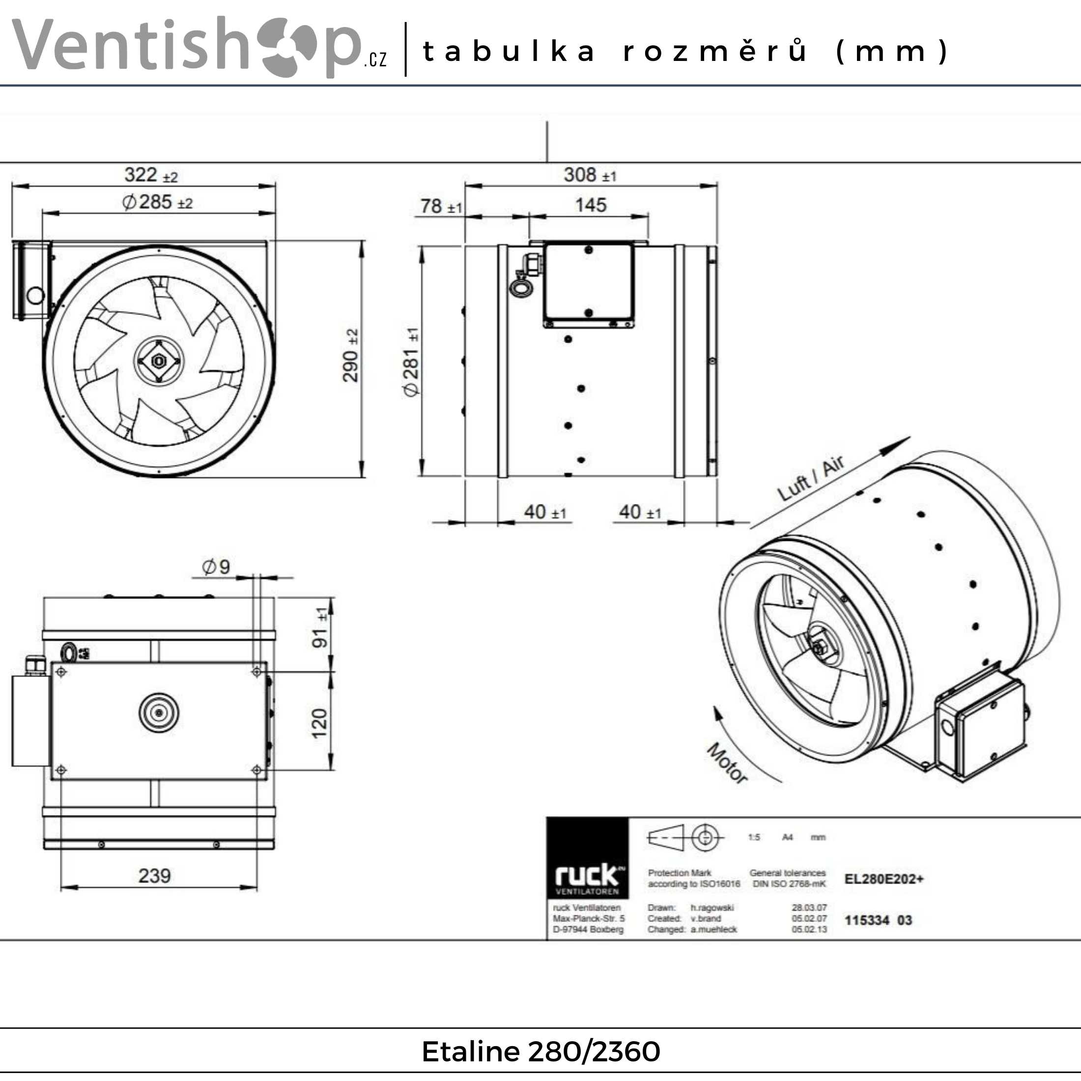 Rozměry potrubního ventilátoru Etaline