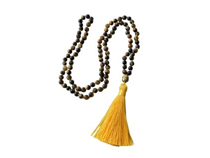 Japa mala Tygří oko s guru korálkem Budha a žlutým střapcem Vepez