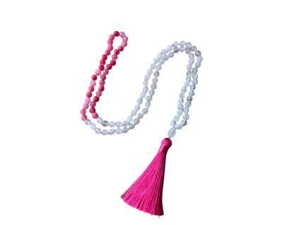 Japa mala Růženín, pukaný Křišťál, Jadeit s guru korálkem a střapcem Vepez