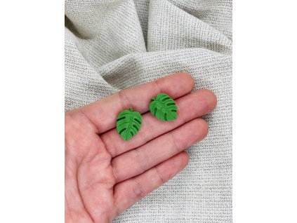 Náušnice monstera list zelené, puzety pecky z chirurgické oceli VEPEZ