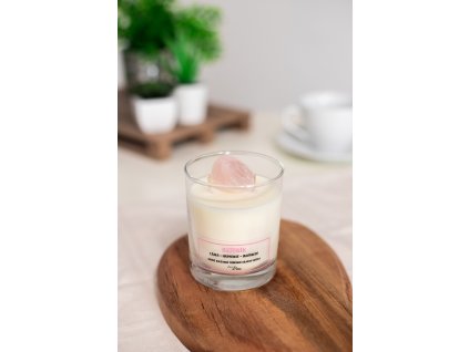 Přírodní sójová svíčka s krystalem RŮŽENÍN - Mandle, švestka, vanilka & tonka 180ml VEPEZ