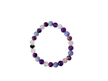 Minerální náramek ametyst, růženín, angelit, jaspis regalit a hematitové srdíčko VEPEZ