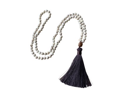 Japa mala bílý tyrkys s guru korálkem Budha a hnědým střapcem VEPEZ