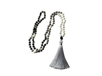 Japa mala Obsidián, Jaspis a howlit s guru korálkem a střapcem VEPEZ