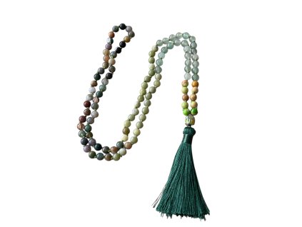 Japa mala Achát, Avanturín, Jaspis regalit, Jadeit s guru korálkem a střapcem VEPEZ