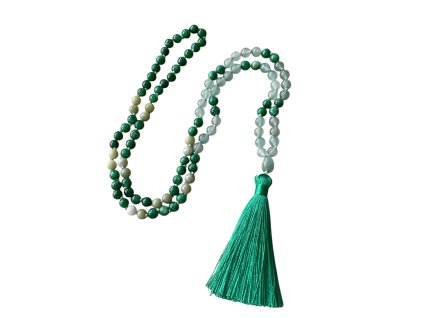 Japa mala Avanturín a Jadeit s guru korálkem a střapcem VEPEZ