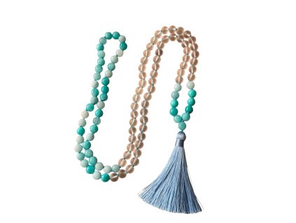 Japa mala Křišťál a Amazonit s guru korálkem a střapcem VEPEZ