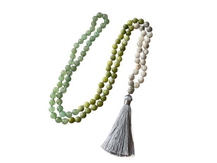 Japa mala Avanturín, Achát a Jadeit s guru korálkem a střapcem VEPEZ