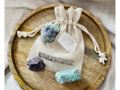 Koncentrace set raw krystalů Amazonit, ametyst, fluorit a kalcit Vepez Praha