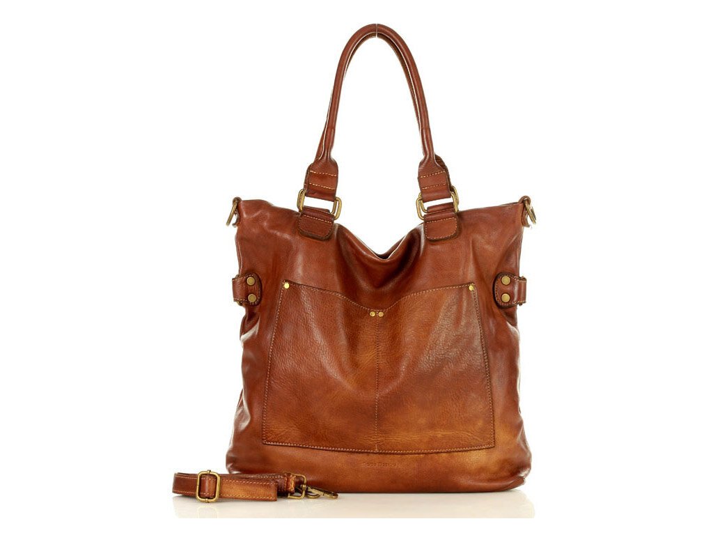 Torebka skórzana XL shopper vintage bag z kieszeniami vera pelle - MARCO MAZZINI brąz migdałowy