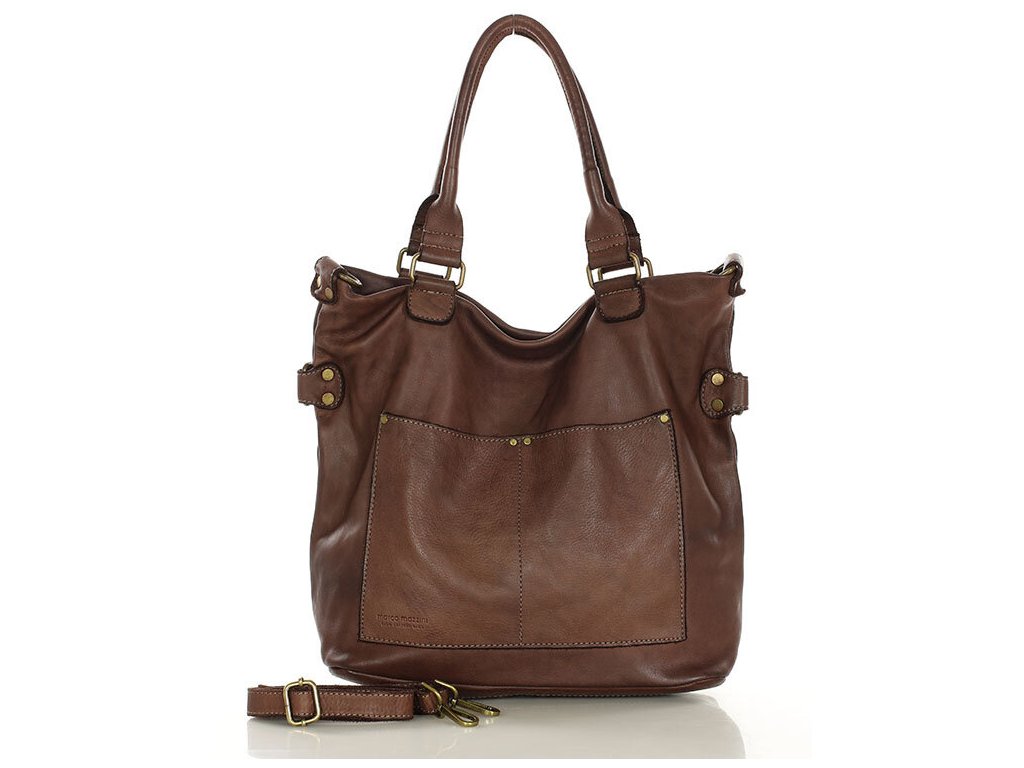 Torebka skórzana XL shopper vintage bag z kieszeniami vera pelle - MARCO MAZZINI czekoladowy brąz