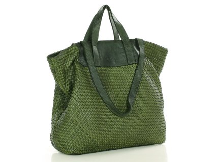 Torba damska pleciona shopper & shoulder leather bag - MARCO MAZZINI zielony militare